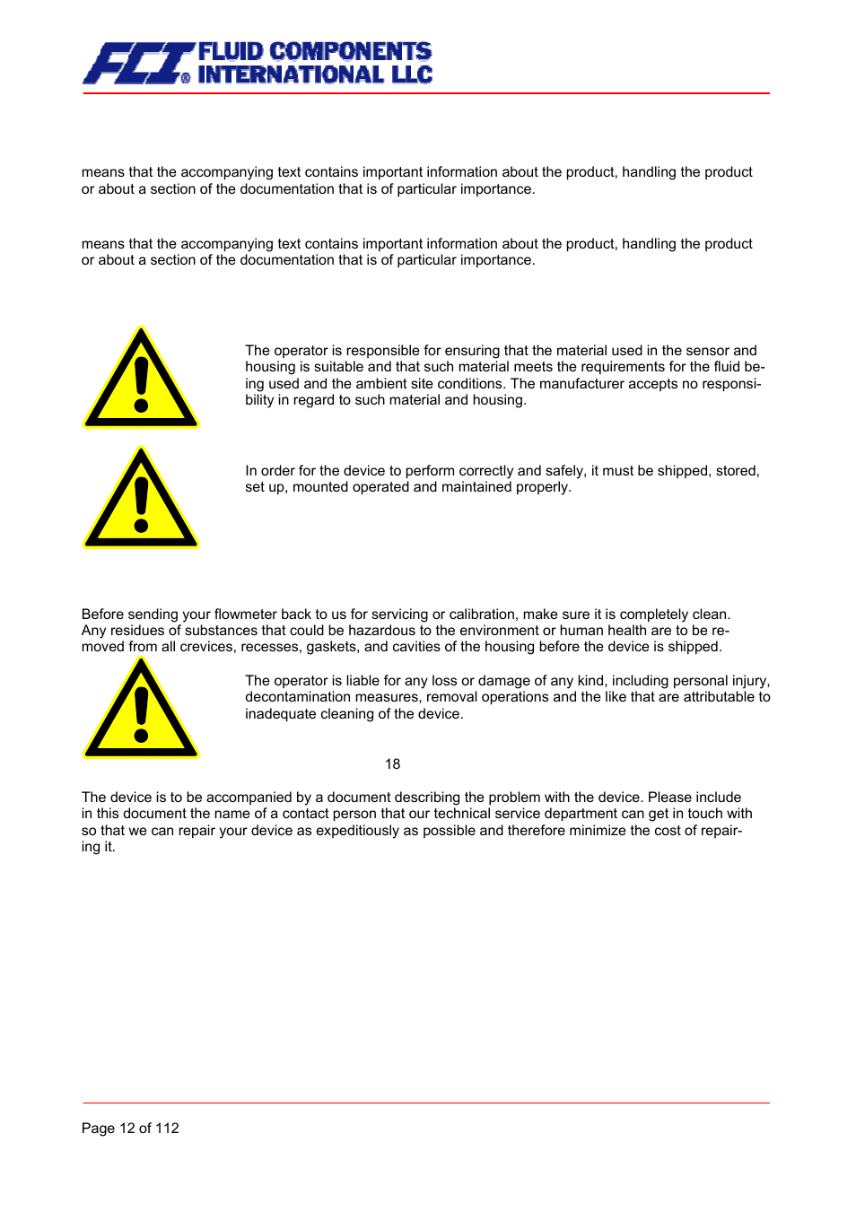 Caution, Note, Proper use of the device | Fluid Components International CMU User Manual | Page 12 / 112