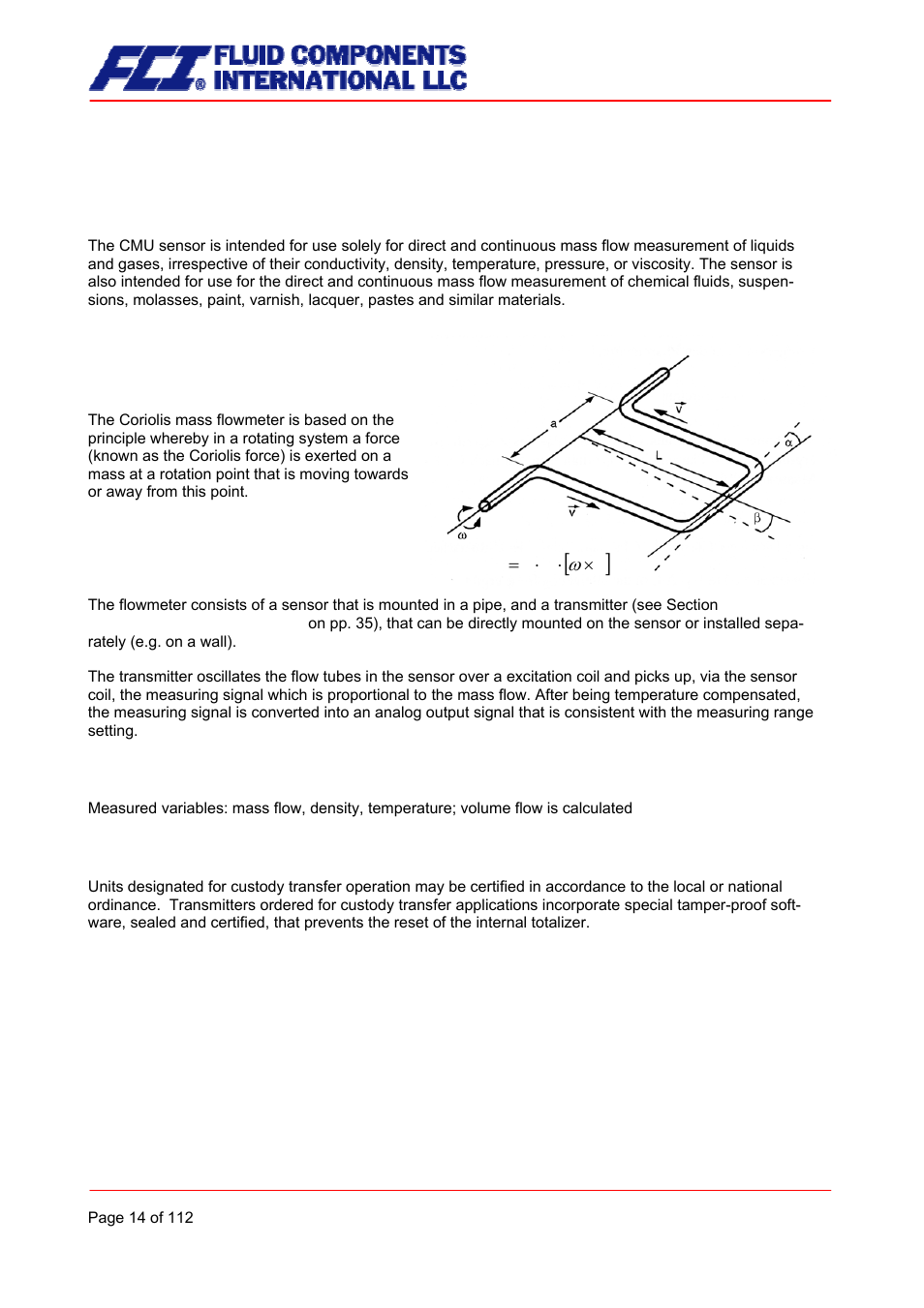 The cmu sensor, Application domain of the cmu sensor, Mode of operation | Measuring principle, System configuration, Input, Custody transfer operations | Fluid Components International CMU User Manual | Page 14 / 112