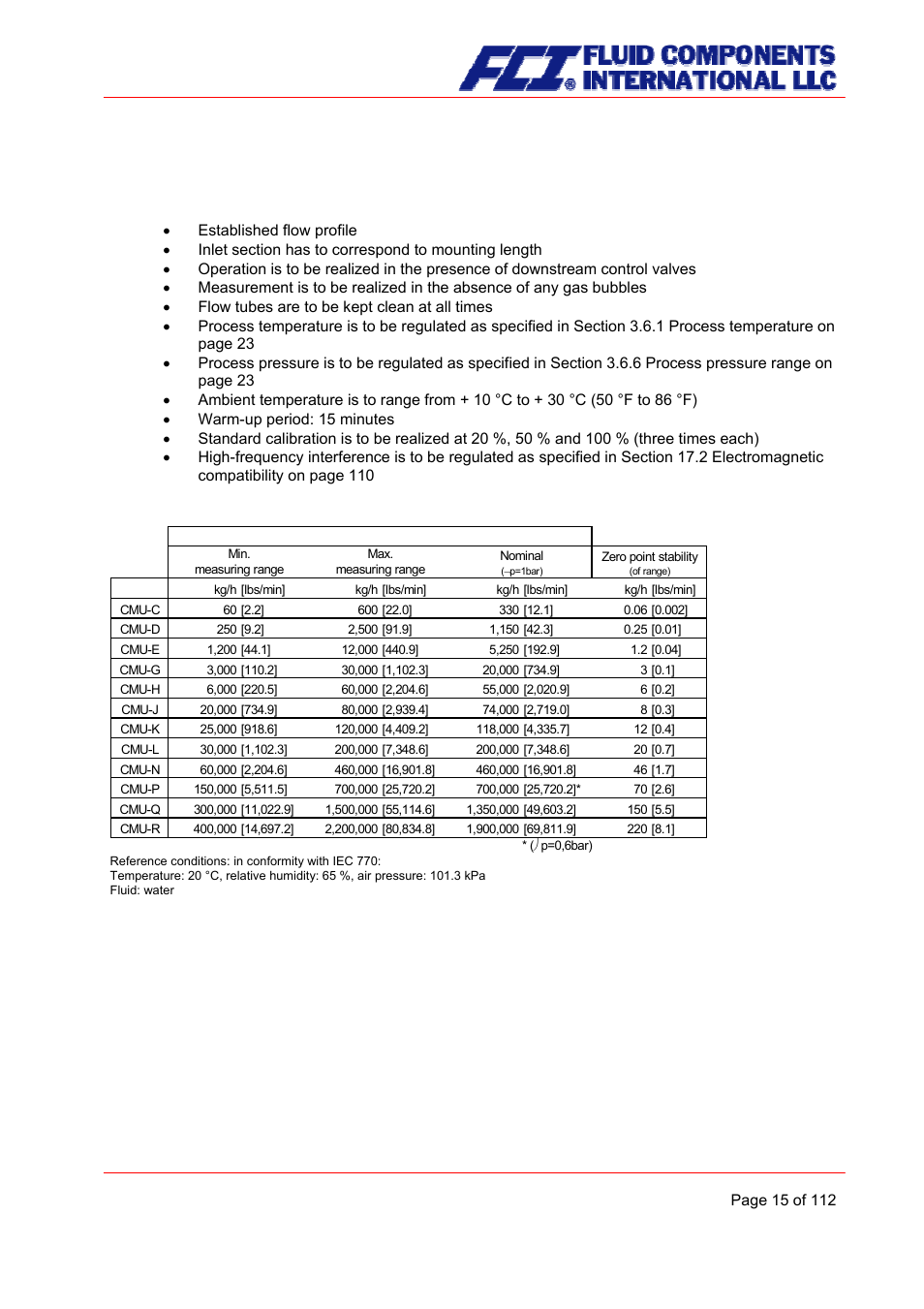Performance characteristics of the cmu sensor, Reference conditions, Cmu flow ranges | Fluid Components International CMU User Manual | Page 15 / 112