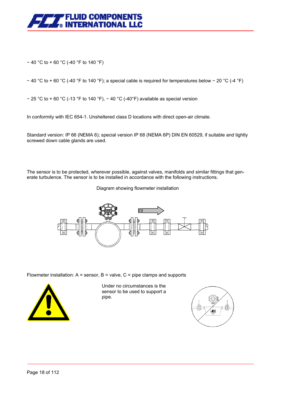 Ambient temperature, Ambient temperature range, Storage temperature | Climatic category, Ingress protection, Operating conditions, Installation | Fluid Components International CMU User Manual | Page 18 / 112