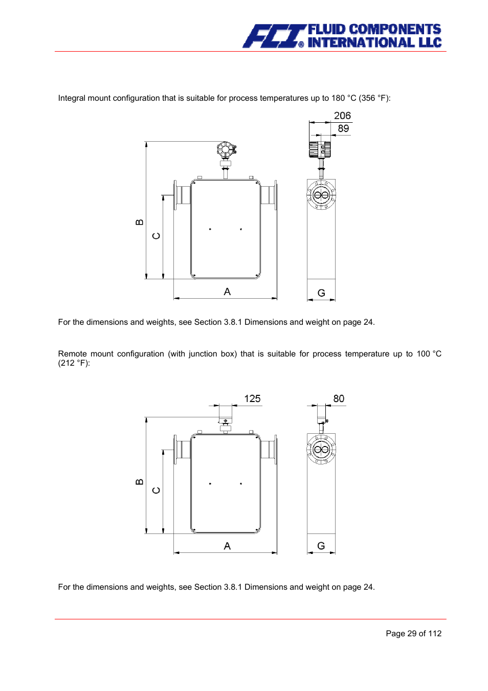 Integral mount configuration up to 180 °c (356°f), Remote mount version dimension drawing | Fluid Components International CMU User Manual | Page 29 / 112