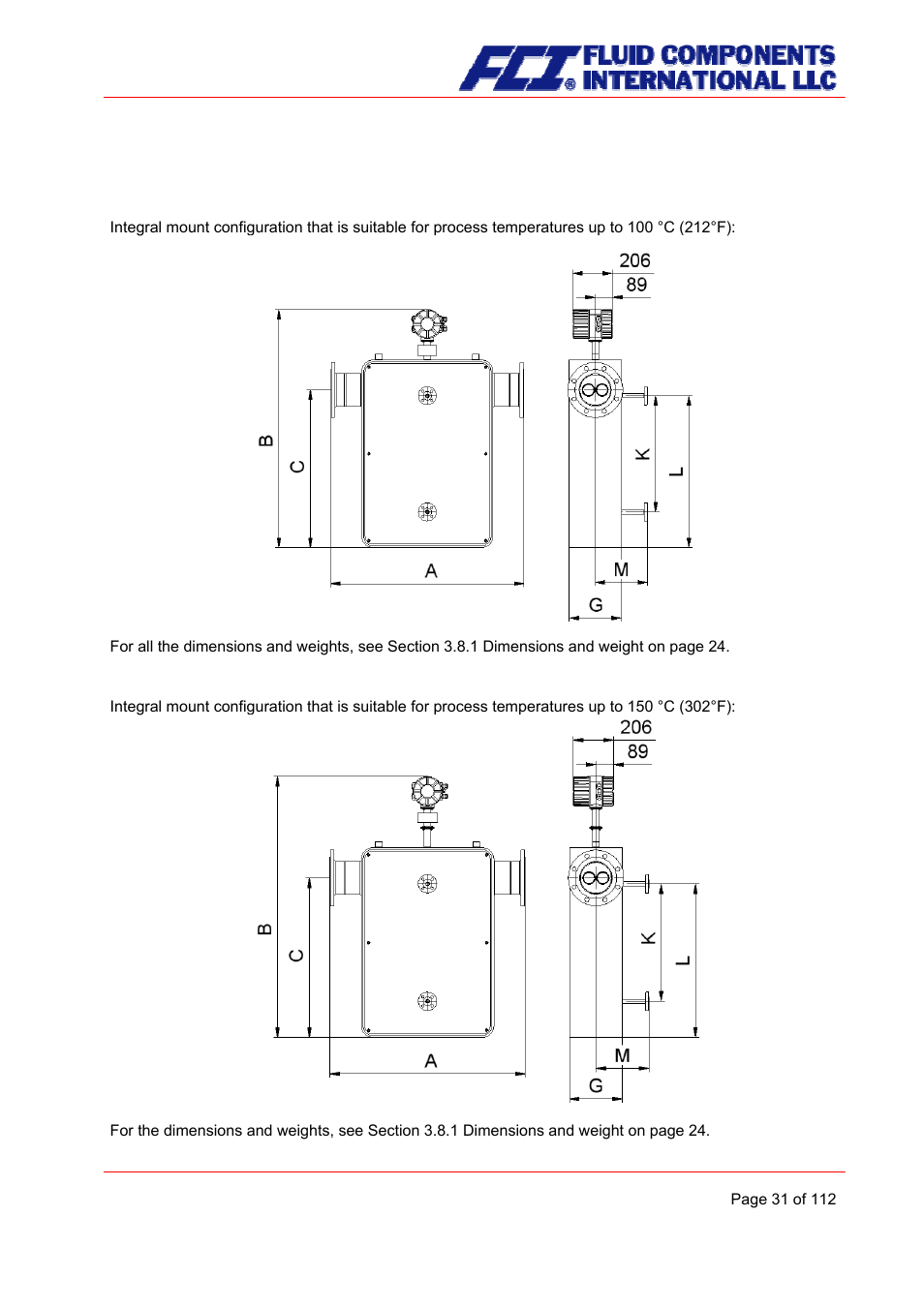 Heater dimension drawings for cmu-j up to cmu-r, Heater for standard version | Fluid Components International CMU User Manual | Page 31 / 112