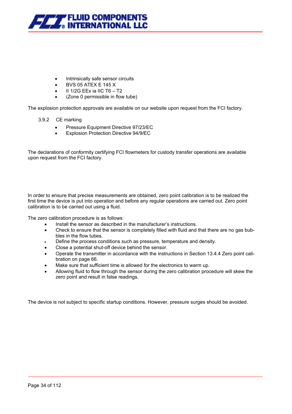 Sensor cmu approvals, Explosion protection, Ce marking | Custody transfer operations, Commissioning, Zero point calibration, Startup conditions | Fluid Components International CMU User Manual | Page 34 / 112