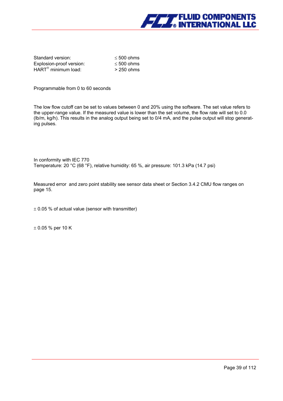 Load, Damping, Low flow cutoff | Ct performance characteristics, Reference conditions, Measured error, Repeatability error, Influence of ambient temperature | Fluid Components International CMU User Manual | Page 39 / 112