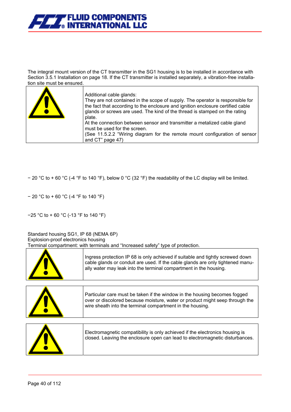 Ct operating conditions, Installation conditions and cable glands, Environmental conditions | Ambient temperature, Ambient temperature range, Storage temperature, Ingress protection | Fluid Components International CMU User Manual | Page 40 / 112