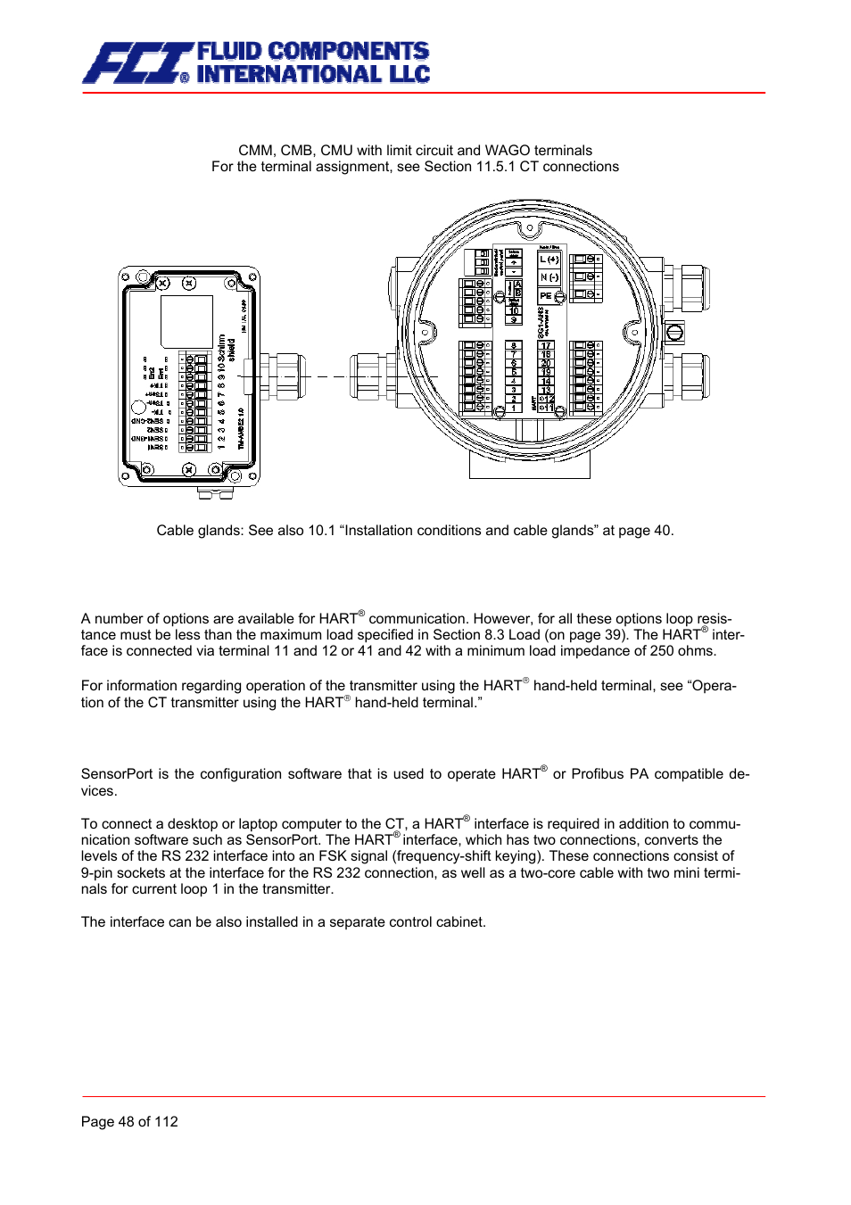 Hart, Communication via sensorport | Fluid Components International CMU User Manual | Page 48 / 112