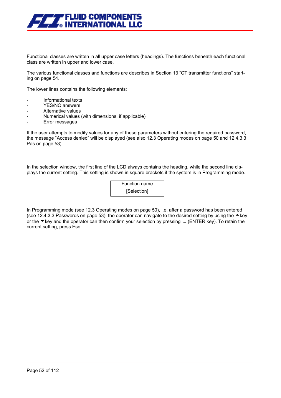 Functional classes, functions and parameters, Selection window/make a selection | Fluid Components International CMU User Manual | Page 52 / 112