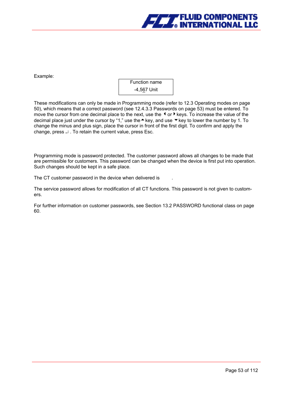 Input window/modify a value, Passwords | Fluid Components International CMU User Manual | Page 53 / 112
