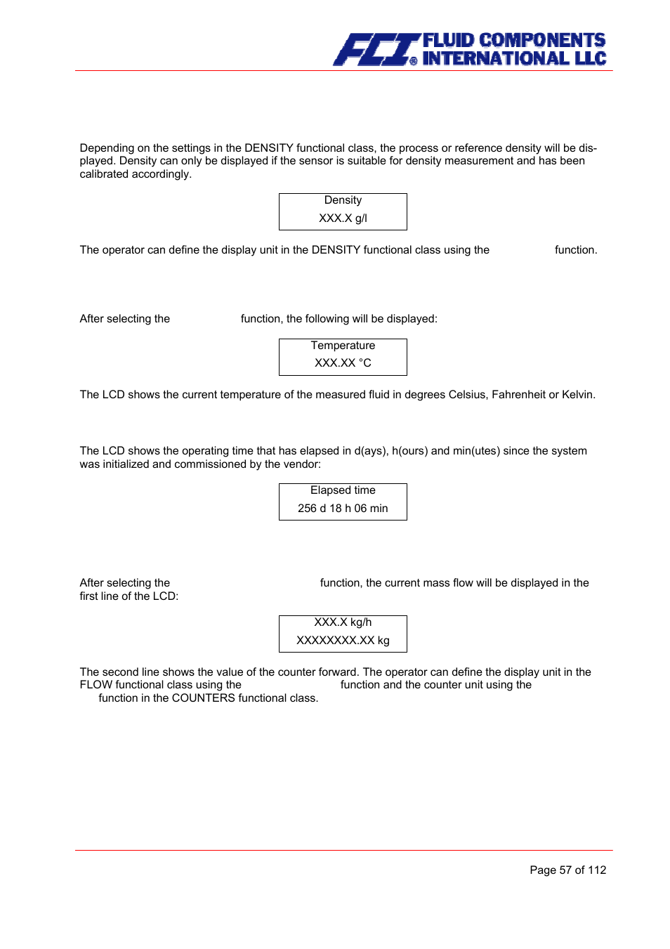 Density, Temperature, Elapsed time | Mass flow + counter forward | Fluid Components International CMU User Manual | Page 57 / 112