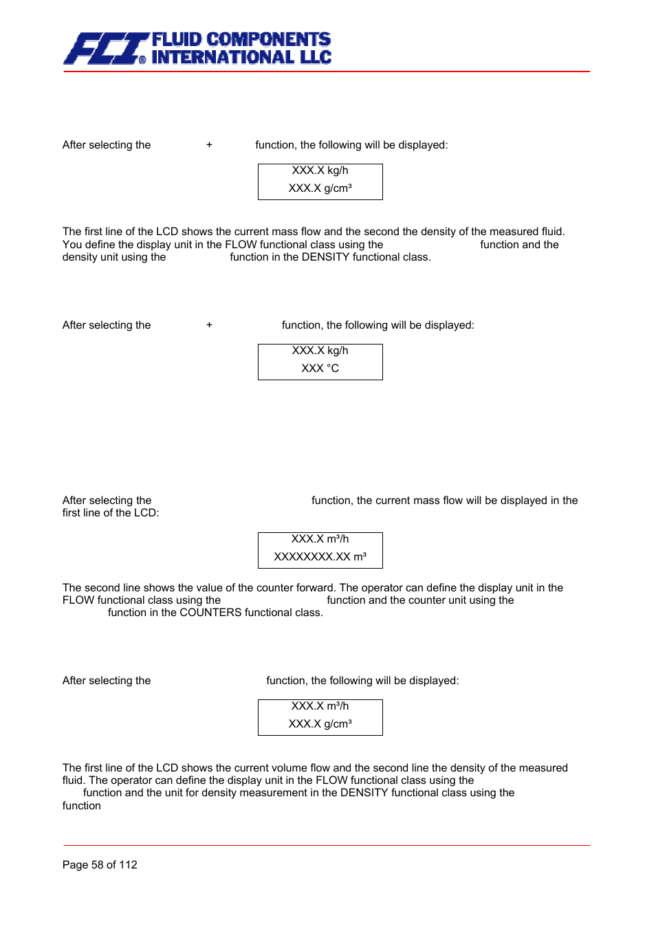 Mass flow + density, Mass flow + temperature, Volume flow + counter forward | Volume flow + density | Fluid Components International CMU User Manual | Page 58 / 112