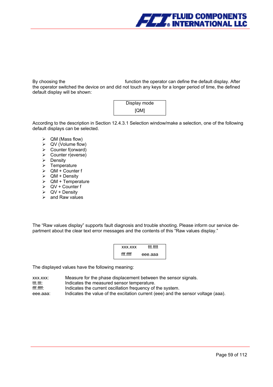 Display mode during startup, Raw values | Fluid Components International CMU User Manual | Page 59 / 112
