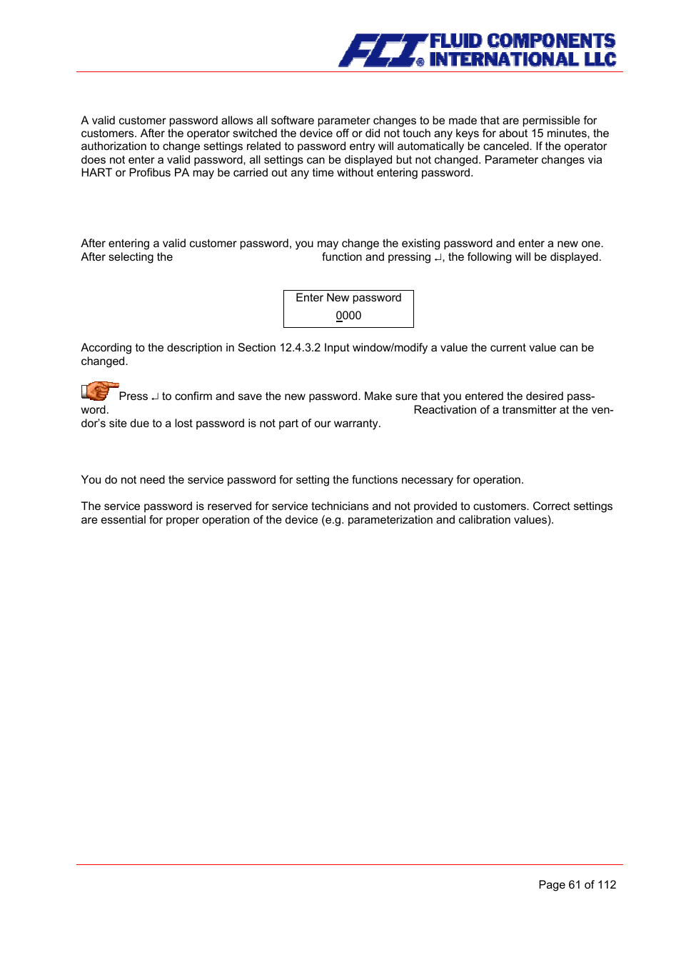 Change customer password, Service password | Fluid Components International CMU User Manual | Page 61 / 112