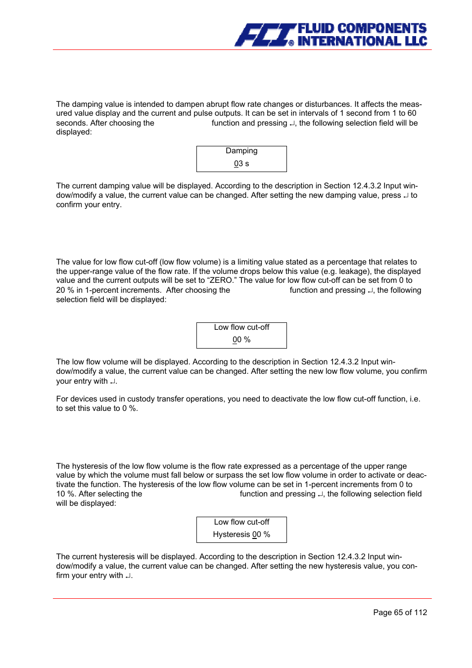 Damping, Low flow cut-off, Low flow cut-off hysteresis | Fluid Components International CMU User Manual | Page 65 / 112