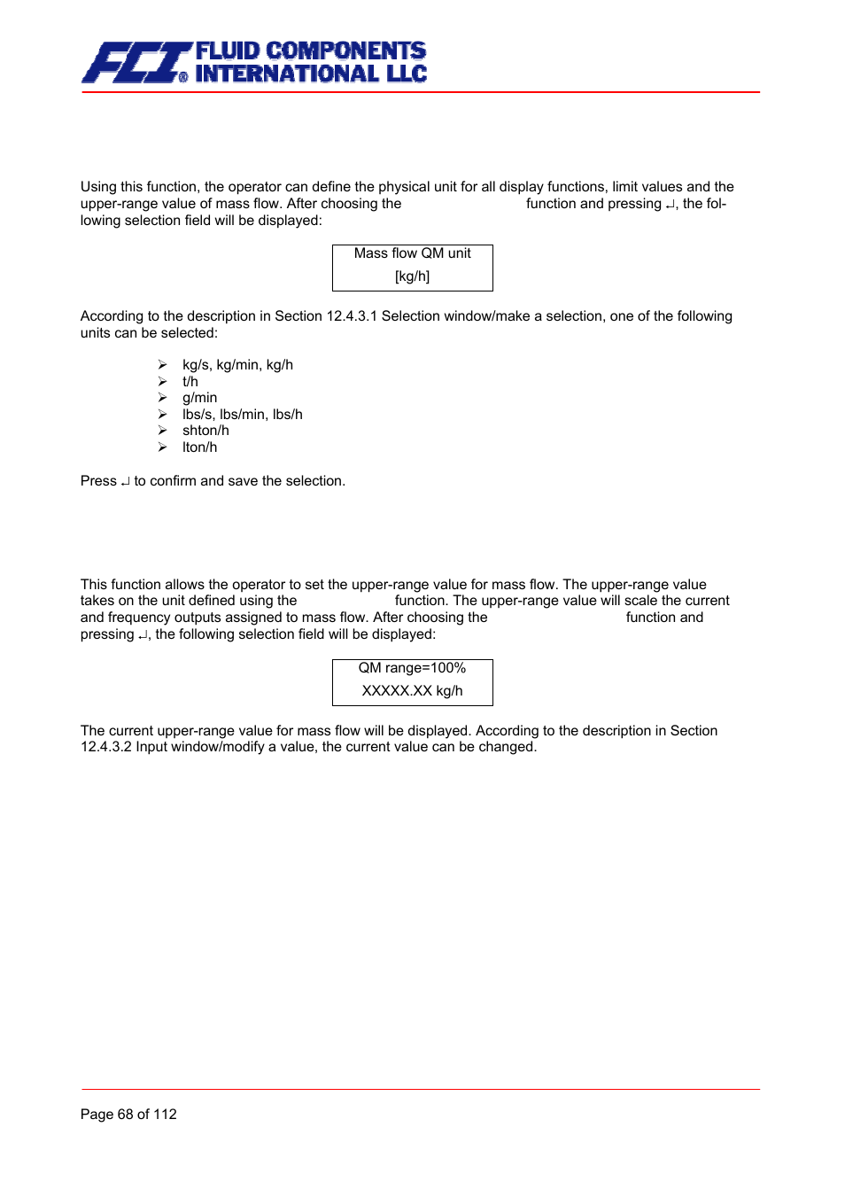 Mass flow qm unit, Mass flow qm range | Fluid Components International CMU User Manual | Page 68 / 112