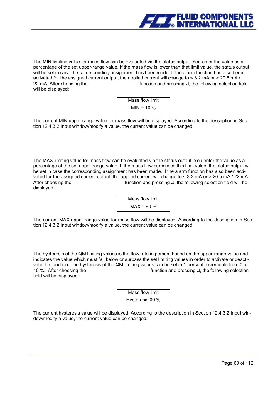 Mass flow qm limit min, Mass flow qm limit max, Mass flow qm limit hysteresis | Fluid Components International CMU User Manual | Page 69 / 112