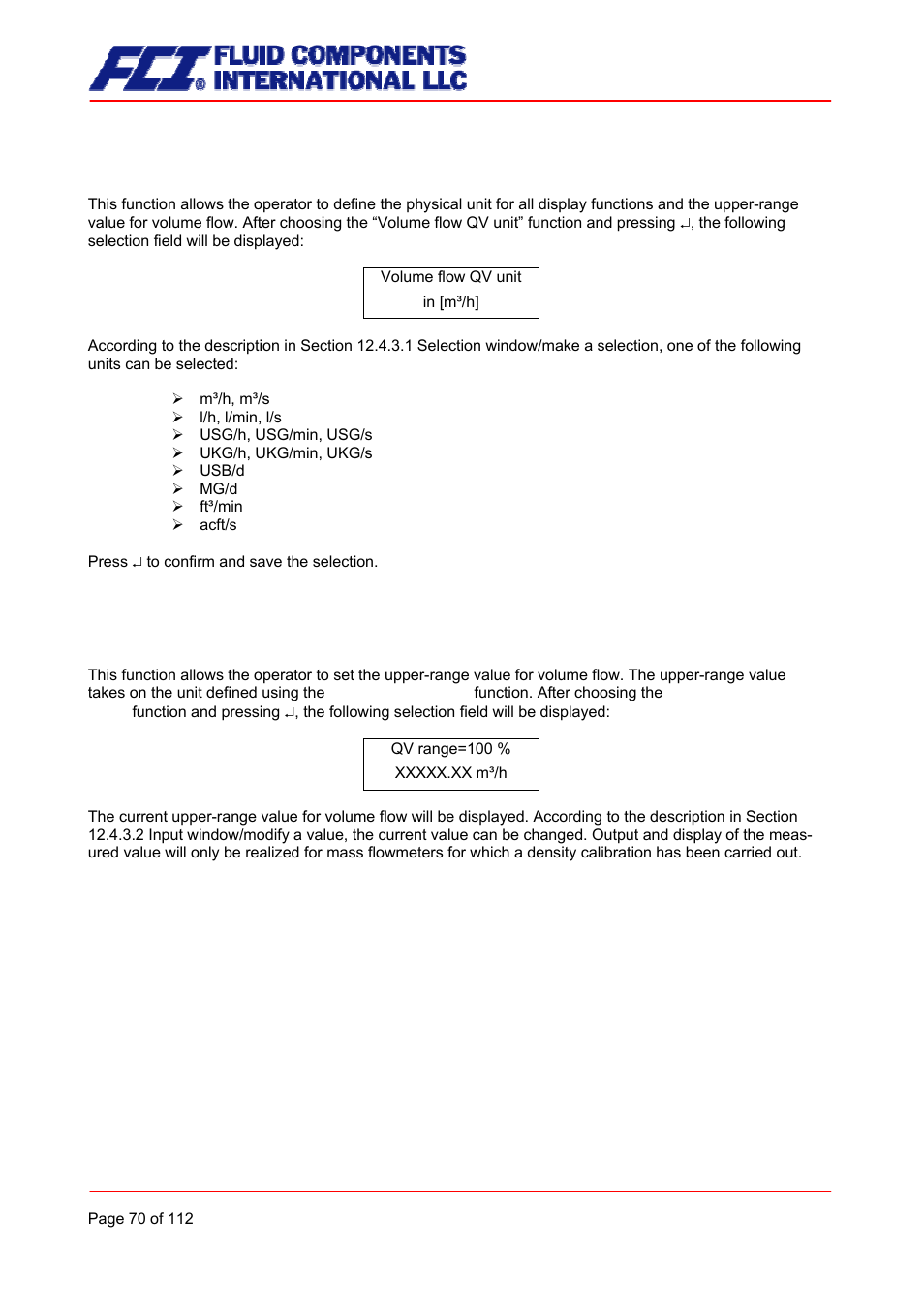 Volume flow qv unit, Volume flow qv range | Fluid Components International CMU User Manual | Page 70 / 112