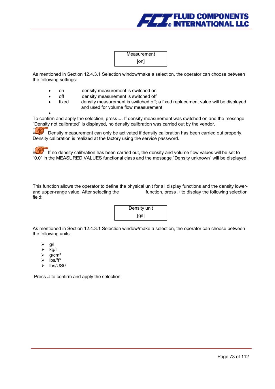 Density unit | Fluid Components International CMU User Manual | Page 73 / 112