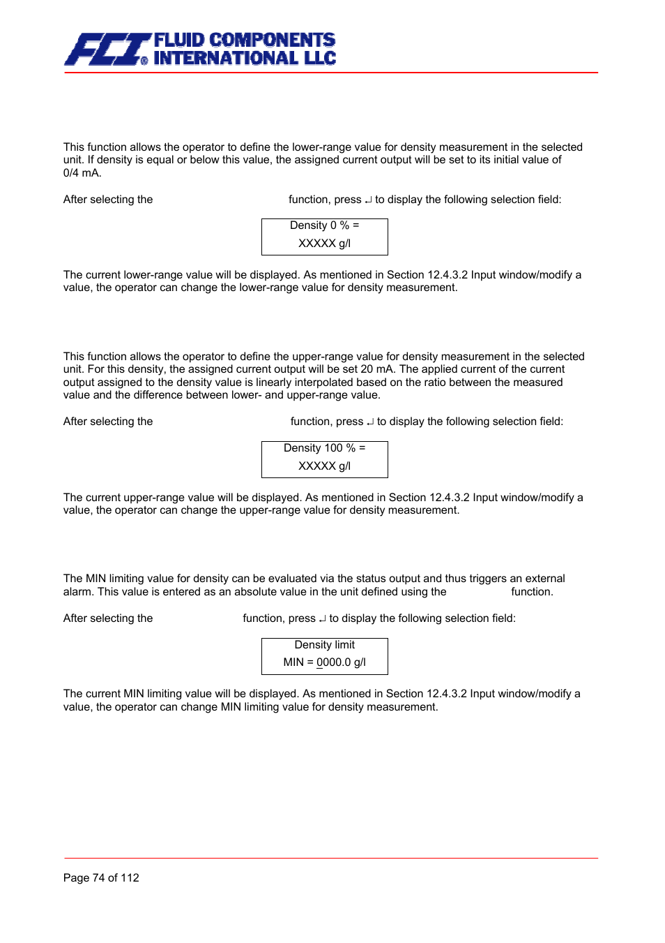 Density lower-range value, Density upper-range value, Density limit min | Fluid Components International CMU User Manual | Page 74 / 112