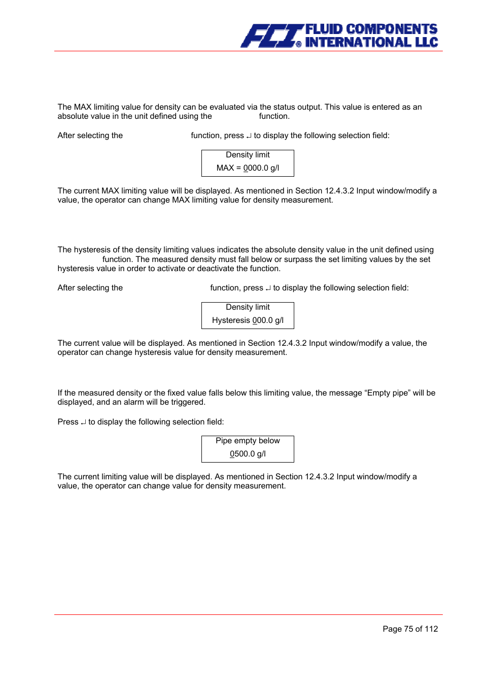 Density limit max, Density limit hysteresis, Density limit for empty pipe | Fluid Components International CMU User Manual | Page 75 / 112