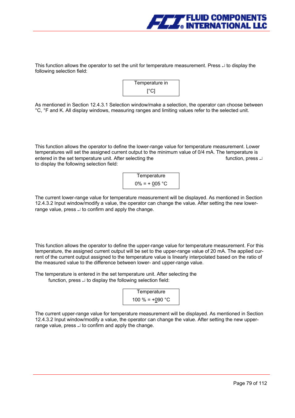 Temperature unit, Temperature lower-range value, Temperature upper-range value | Fluid Components International CMU User Manual | Page 79 / 112