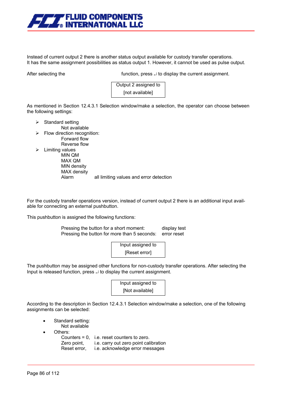 Status output 2 assignment, Binary input assignment | Fluid Components International CMU User Manual | Page 86 / 112