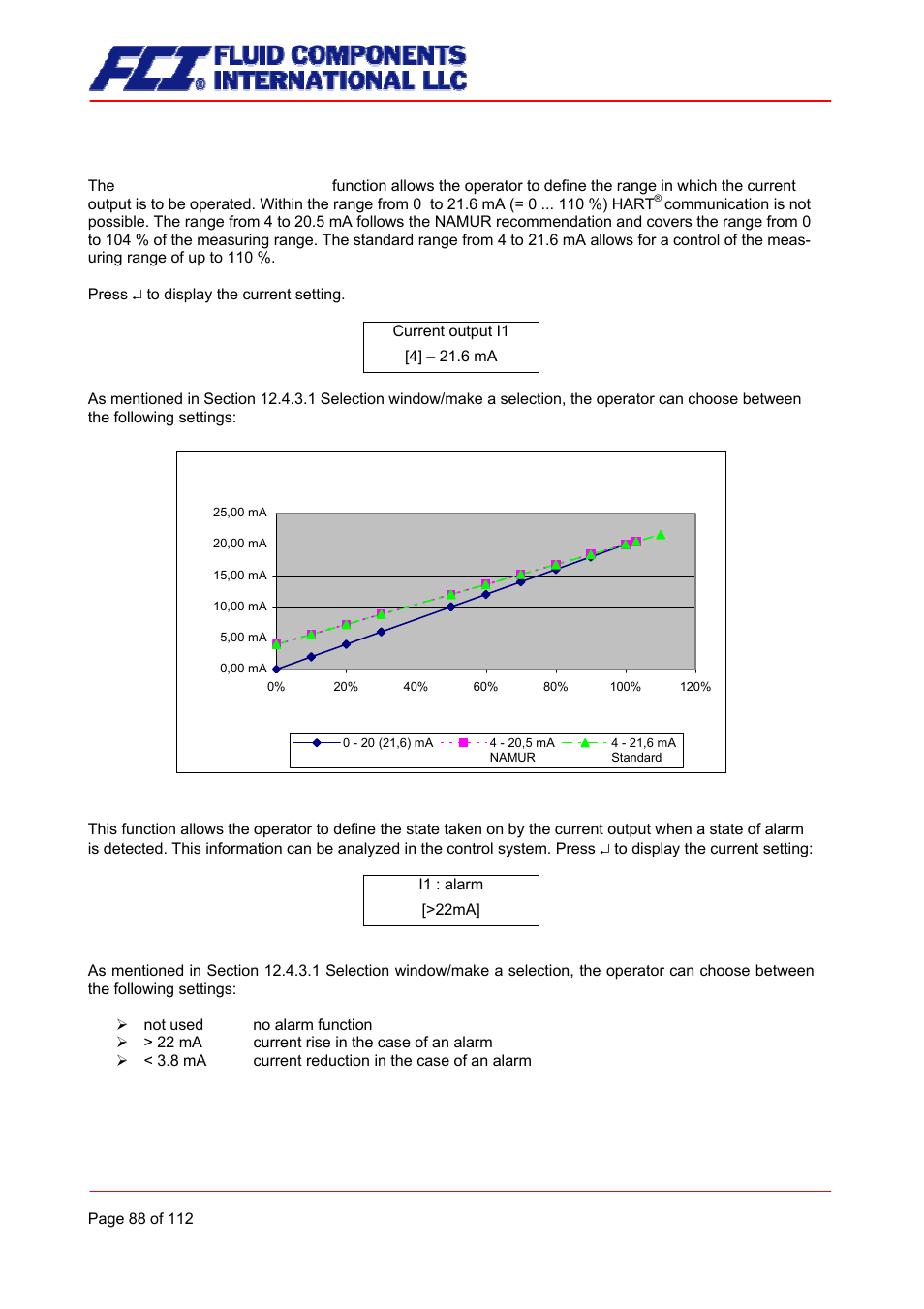 Current output i1 0/4 to 20 ma, Current output i1 alarm, Current output i1 assignment | Fluid Components International CMU User Manual | Page 88 / 112
