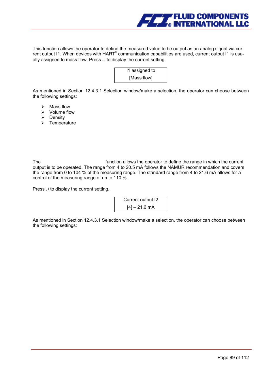 Current output i2 0/4 to 20 ma | Fluid Components International CMU User Manual | Page 89 / 112