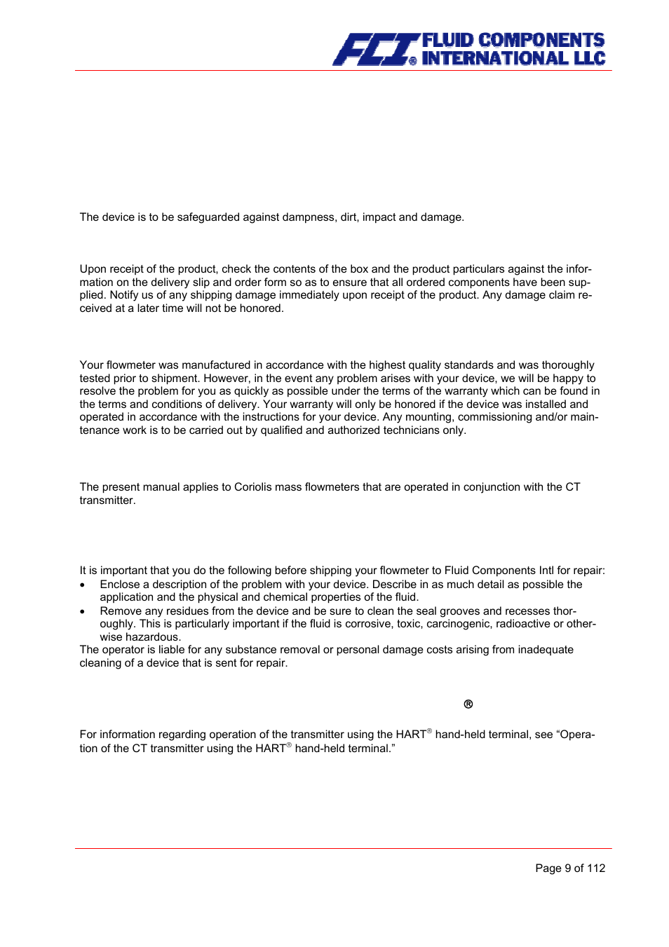 Introduction, Shipping and storage; product inspection, Warranty | Application domain the operating manual, Interface | Fluid Components International CMU User Manual | Page 9 / 112