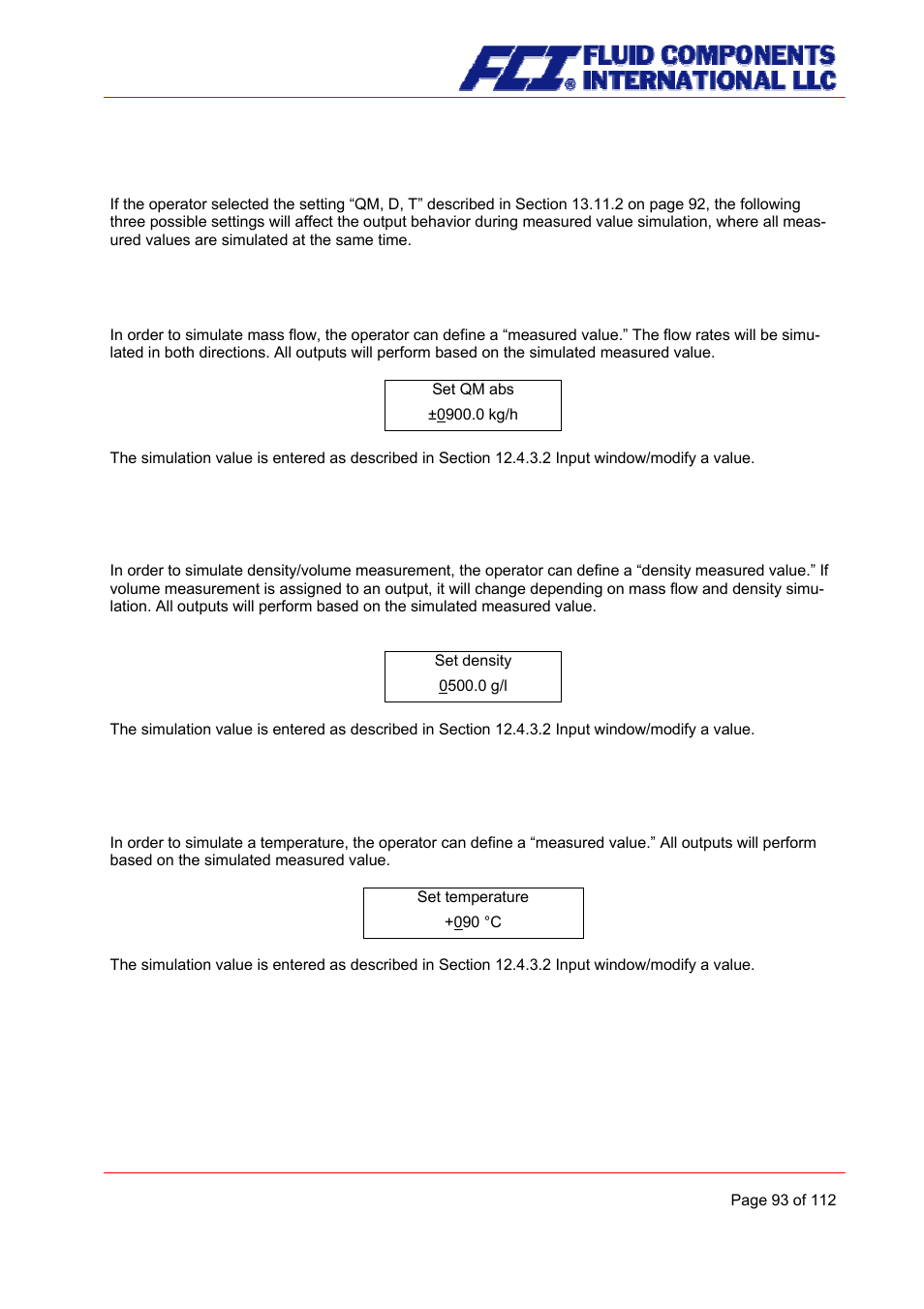 Measured value simulation, Simulation mass flow qm abs, Density simulation | Temperature measurement simulation | Fluid Components International CMU User Manual | Page 93 / 112