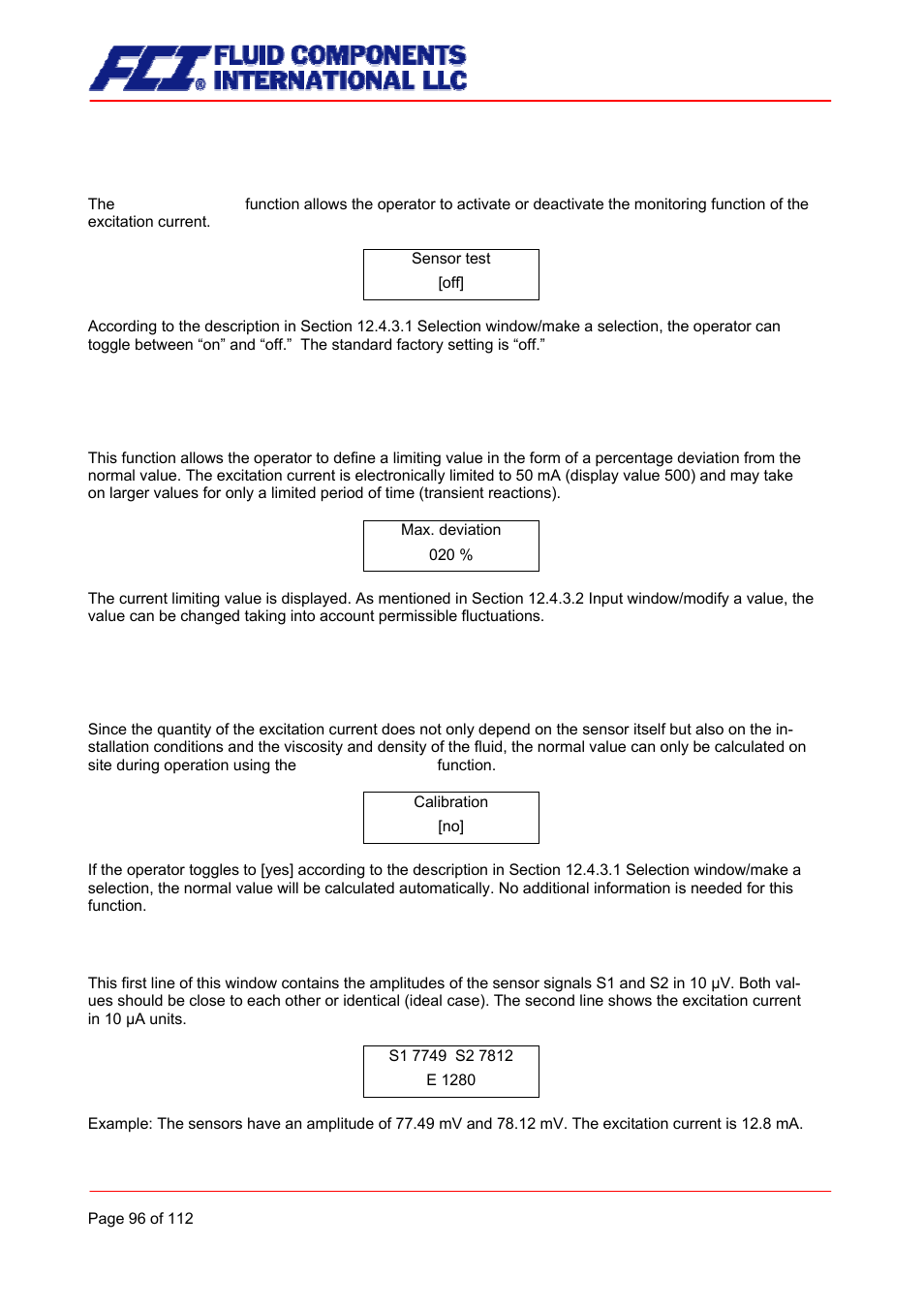 Sensor test on/off, Max. deviation of excitation, Self-test calibration | Fluid Components International CMU User Manual | Page 96 / 112