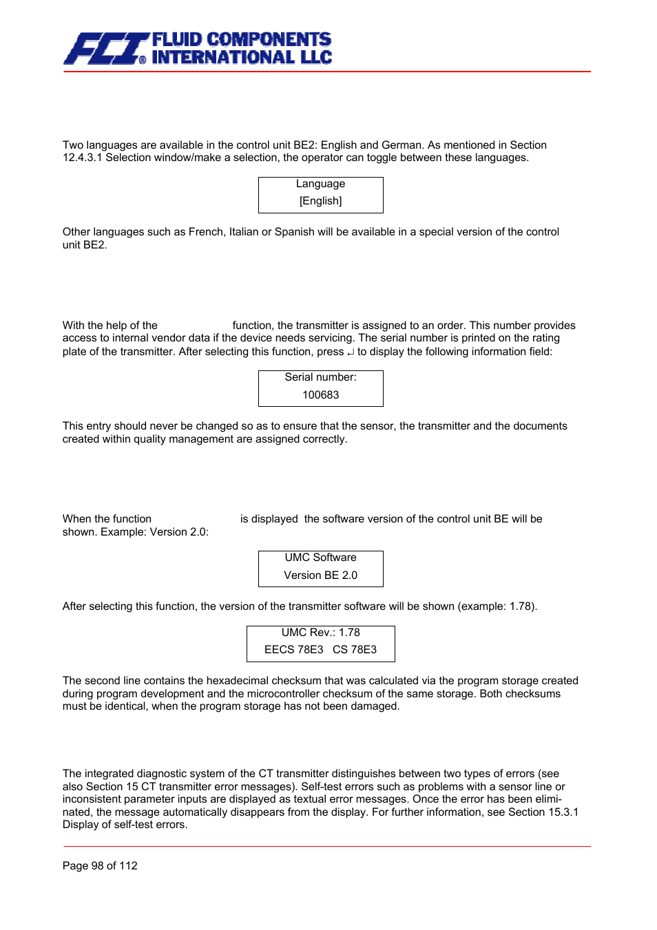 Language, Serial number, Software version | Reset system error | Fluid Components International CMU User Manual | Page 98 / 112