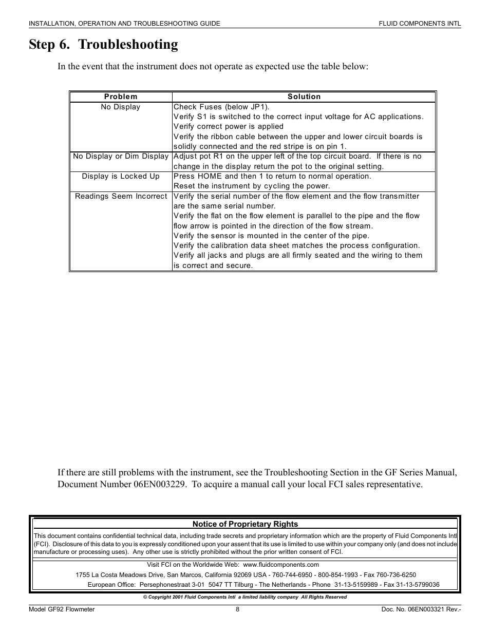 Step 6. troubleshooting | Fluid Components International GF92 User Manual | Page 8 / 8