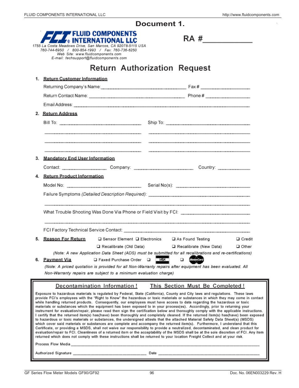 Return authorization request, Document 1 | Fluid Components International GF90_GF92 User Manual | Page 100 / 102