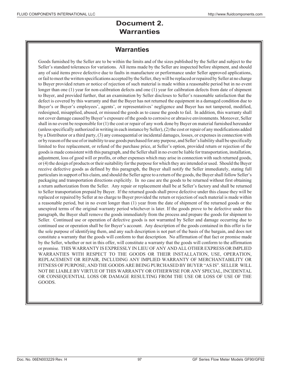 Warranties, Document 2. warranties | Fluid Components International GF90_GF92 User Manual | Page 101 / 102