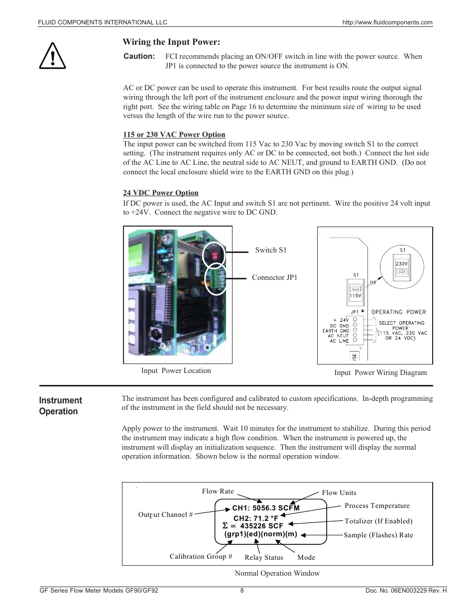 Instrument operation, Wiring the input power | Fluid Components International GF90_GF92 User Manual | Page 12 / 102