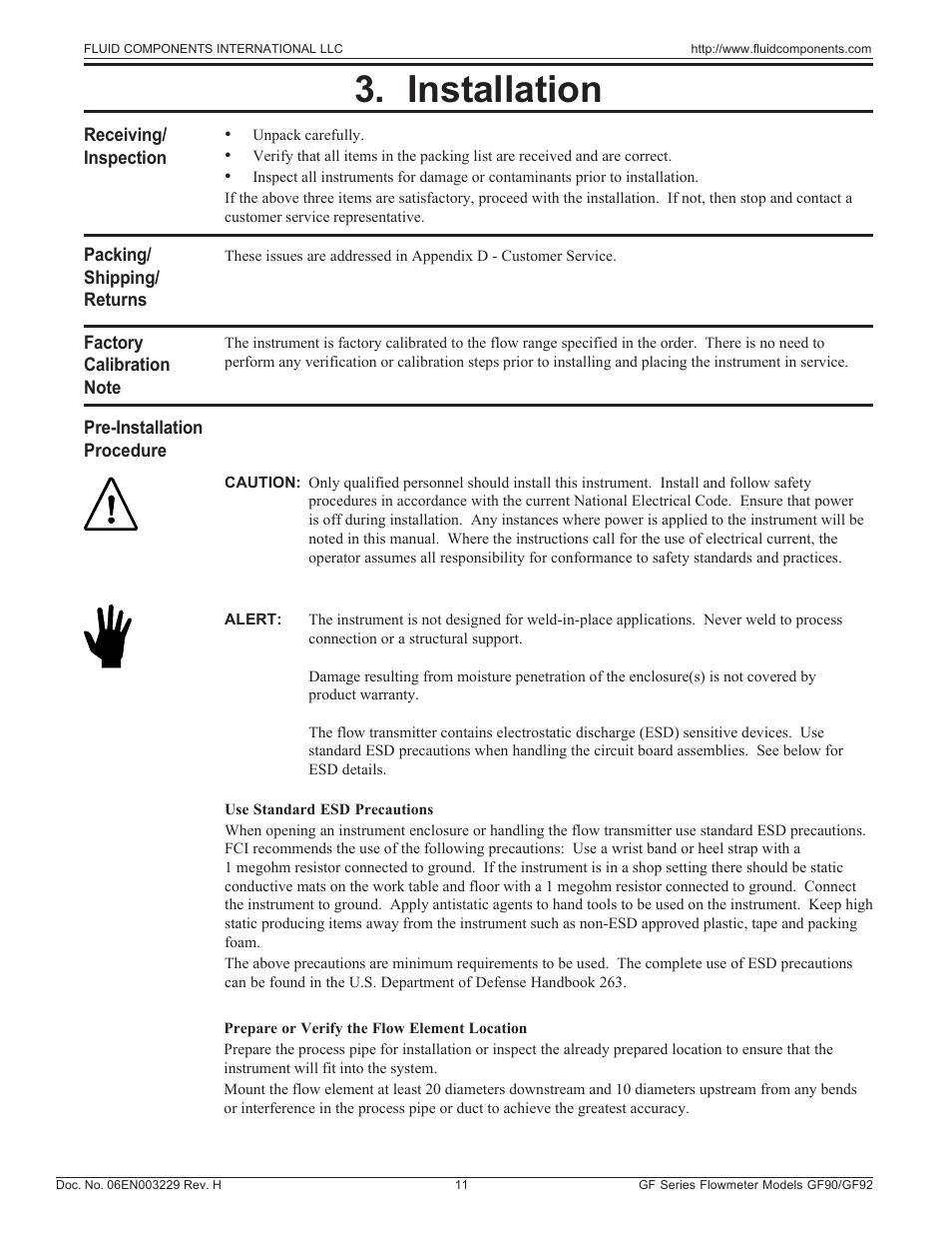 Chapter 3 ~ installation, Pre-installation procedure, Installation | Fluid Components International GF90_GF92 User Manual | Page 15 / 102