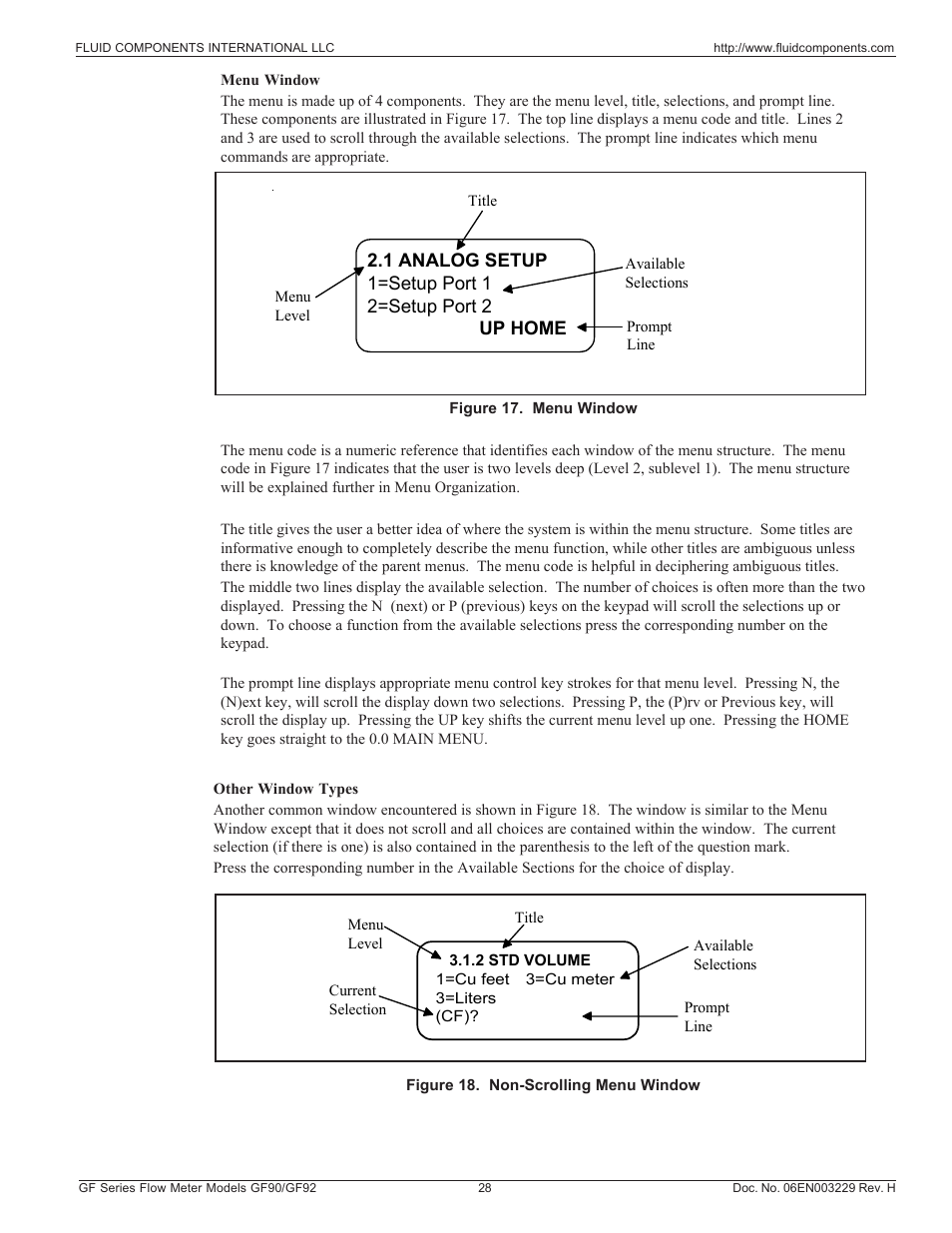 Menu window | Fluid Components International GF90_GF92 User Manual | Page 32 / 102