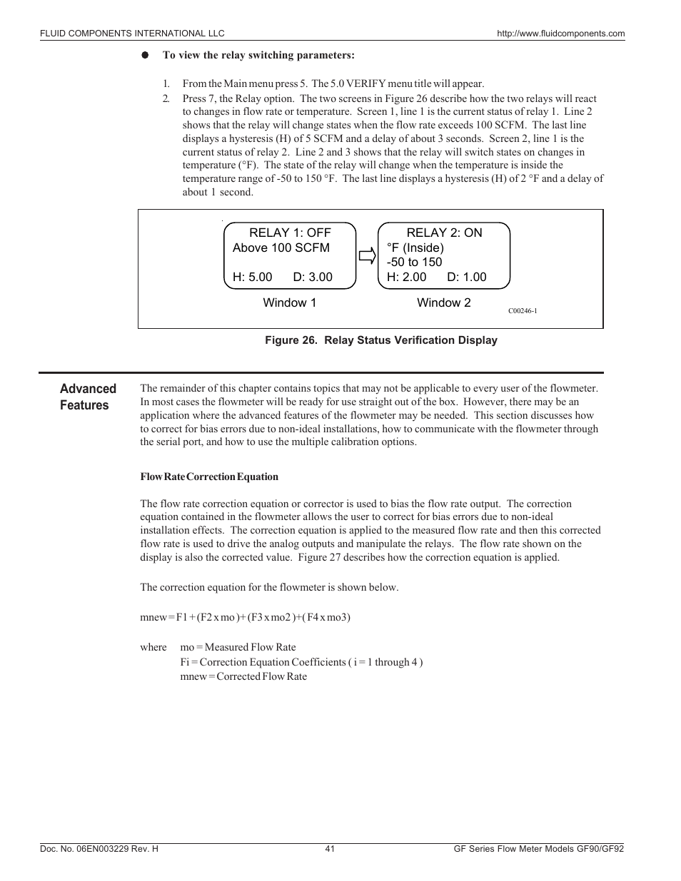Advanced features, Flow rate correction equation | Fluid Components International GF90_GF92 User Manual | Page 45 / 102
