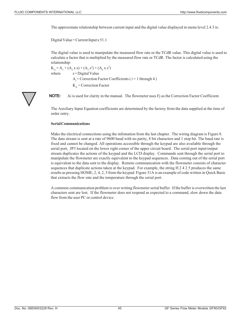 Serial communications | Fluid Components International GF90_GF92 User Manual | Page 49 / 102