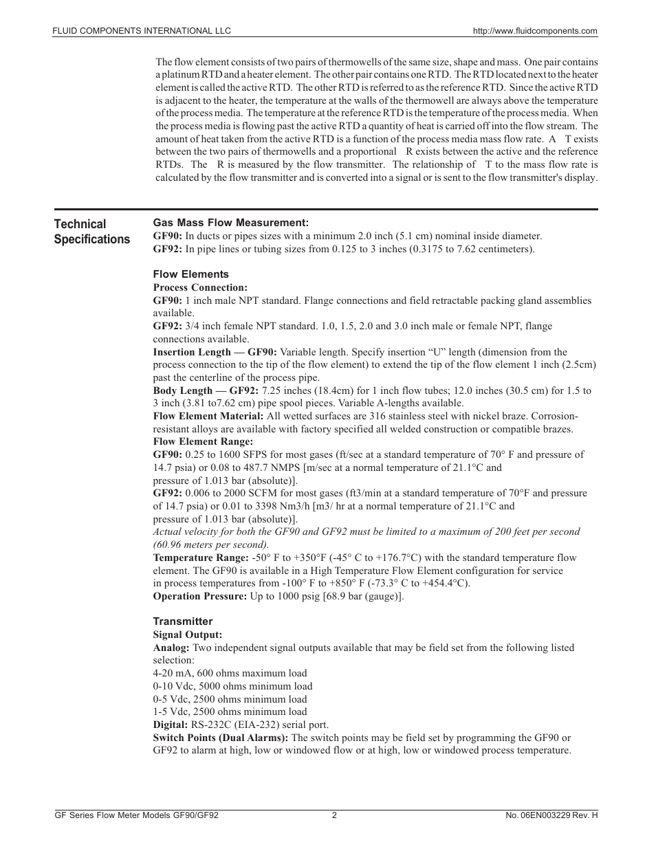 Technical specifications | Fluid Components International GF90_GF92 User Manual | Page 6 / 102