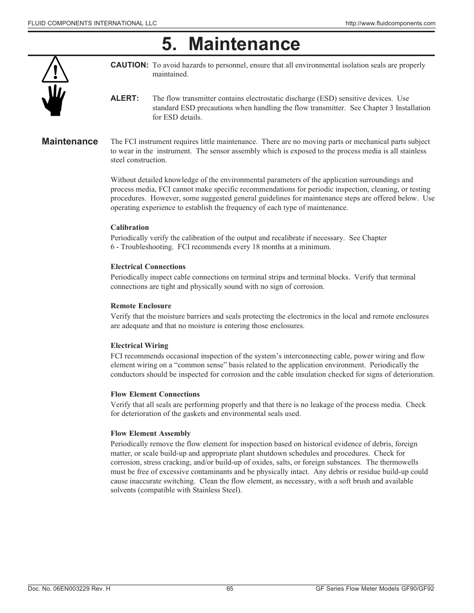 Chapter 5 ~ maintenance, Maintenance | Fluid Components International GF90_GF92 User Manual | Page 69 / 102