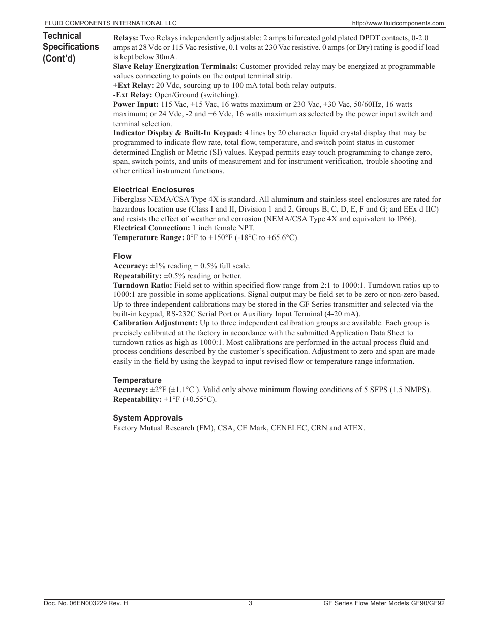 Technical specifications (cont’d) | Fluid Components International GF90_GF92 User Manual | Page 7 / 102