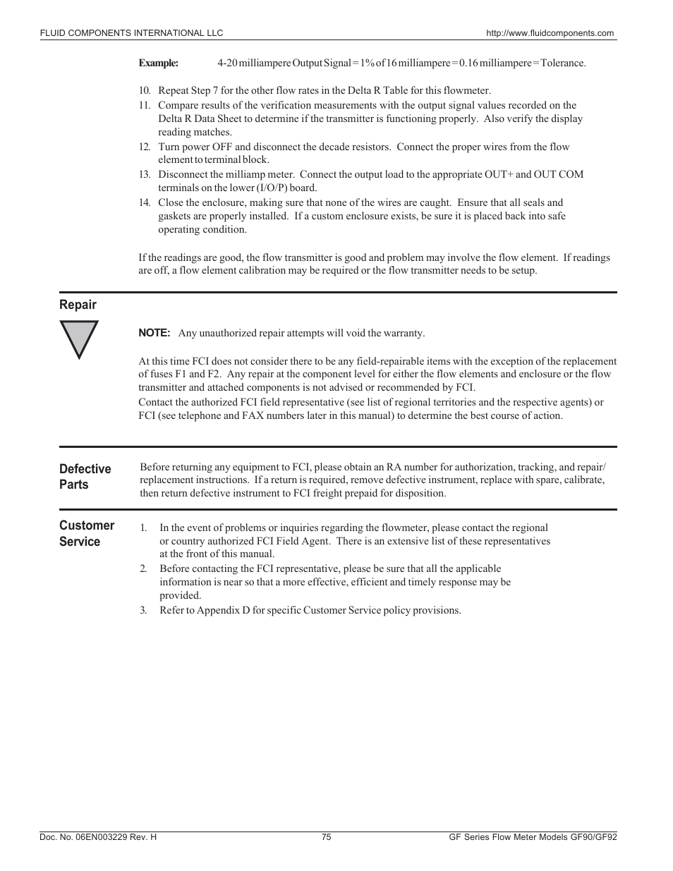Repair / defective parts / customer service | Fluid Components International GF90_GF92 User Manual | Page 79 / 102