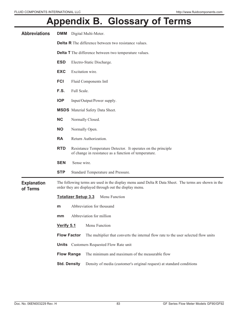 Appendix b ~ glossary of terms, Appendix b. glossary of terms | Fluid Components International GF90_GF92 User Manual | Page 87 / 102