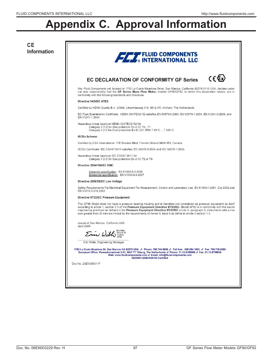 Appendix c ~ approval information, Ce information, Appendix c. approval information | Fluid Components International GF90_GF92 User Manual | Page 91 / 102