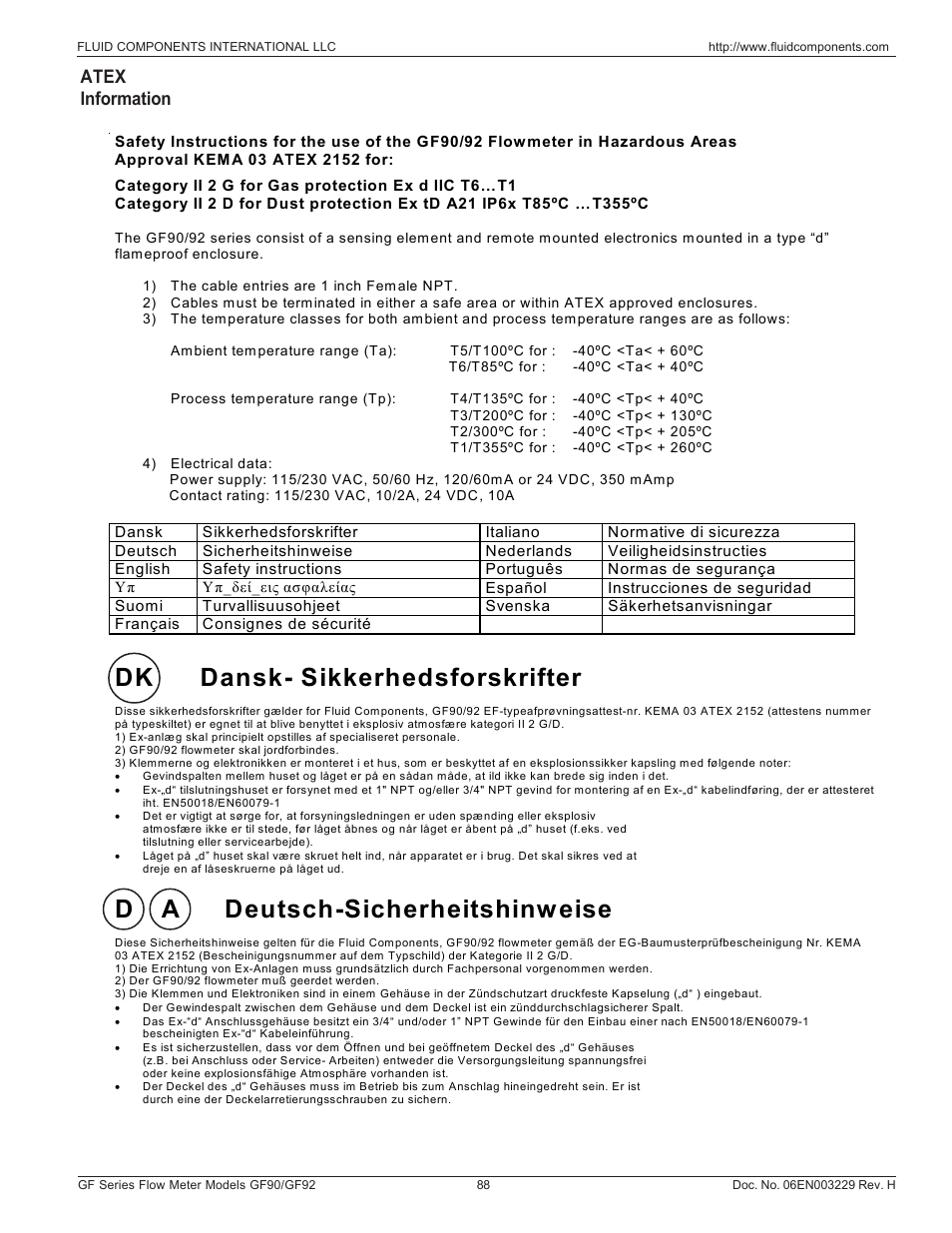 Atex information, Dk dansk- sikkerhedsforskrifter, D a deutsch-sicherheitshinw eise | Fluid Components International GF90_GF92 User Manual | Page 92 / 102