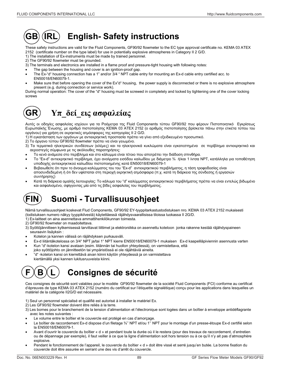 Gb irl english- safety instructions, Gr υπ_δεί_εις ασφαλείας, Fin suomi - turvallisuusohjeet | F b l consignes de sécurité | Fluid Components International GF90_GF92 User Manual | Page 93 / 102