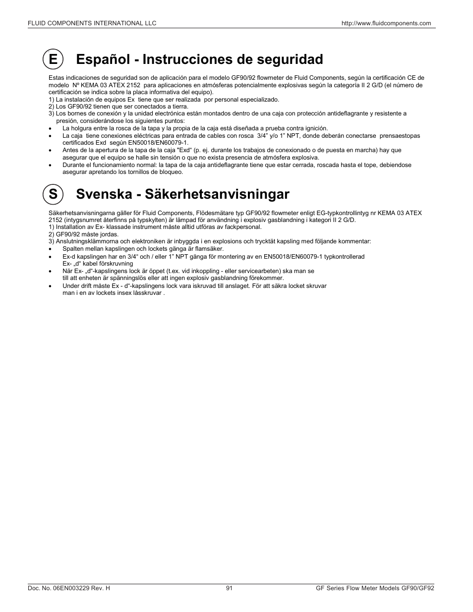 E español - instrucciones de seguridad, S svenska - säkerhetsanvisningar | Fluid Components International GF90_GF92 User Manual | Page 95 / 102