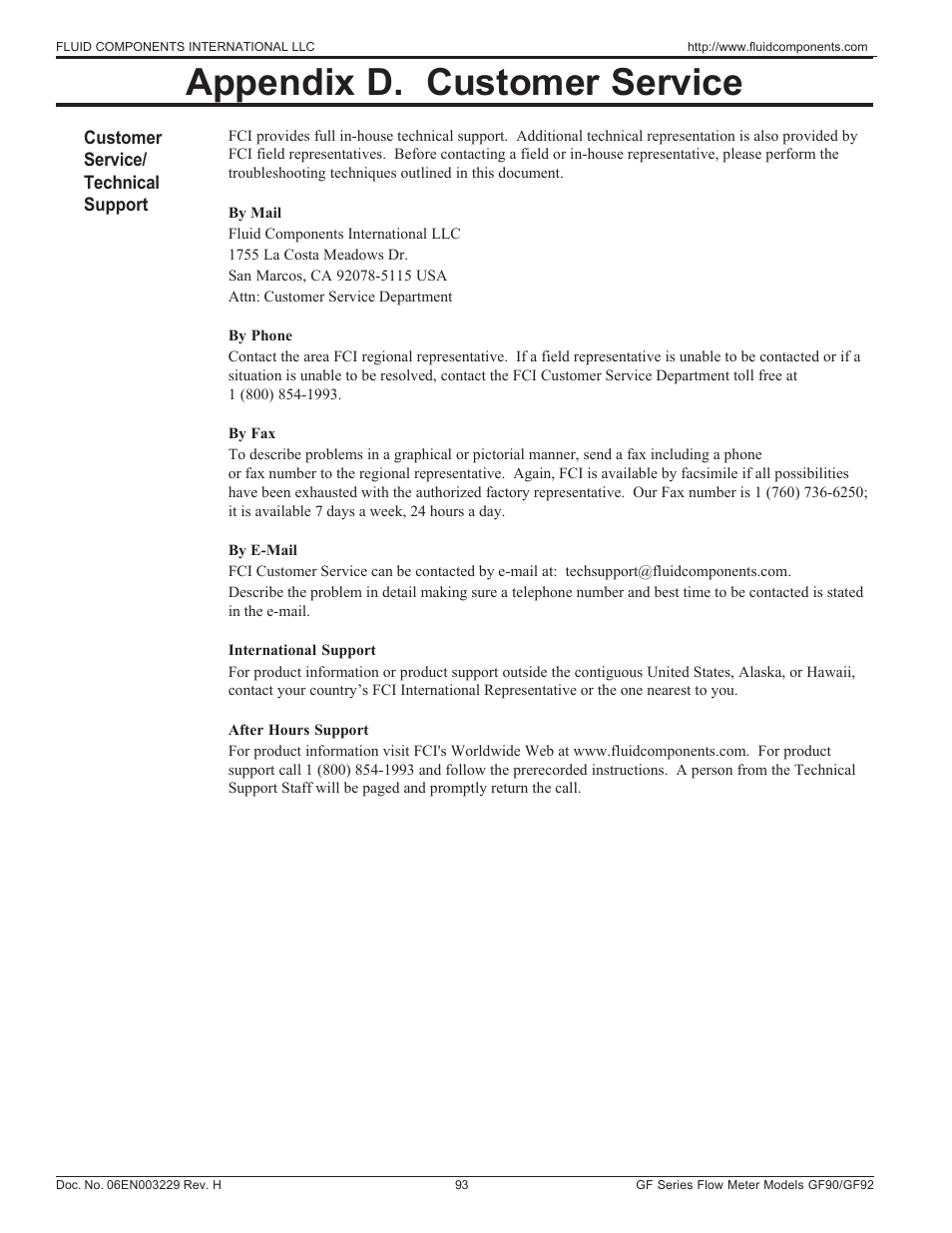 Appendix d ~ customer service, Appendix d. customer service | Fluid Components International GF90_GF92 User Manual | Page 97 / 102