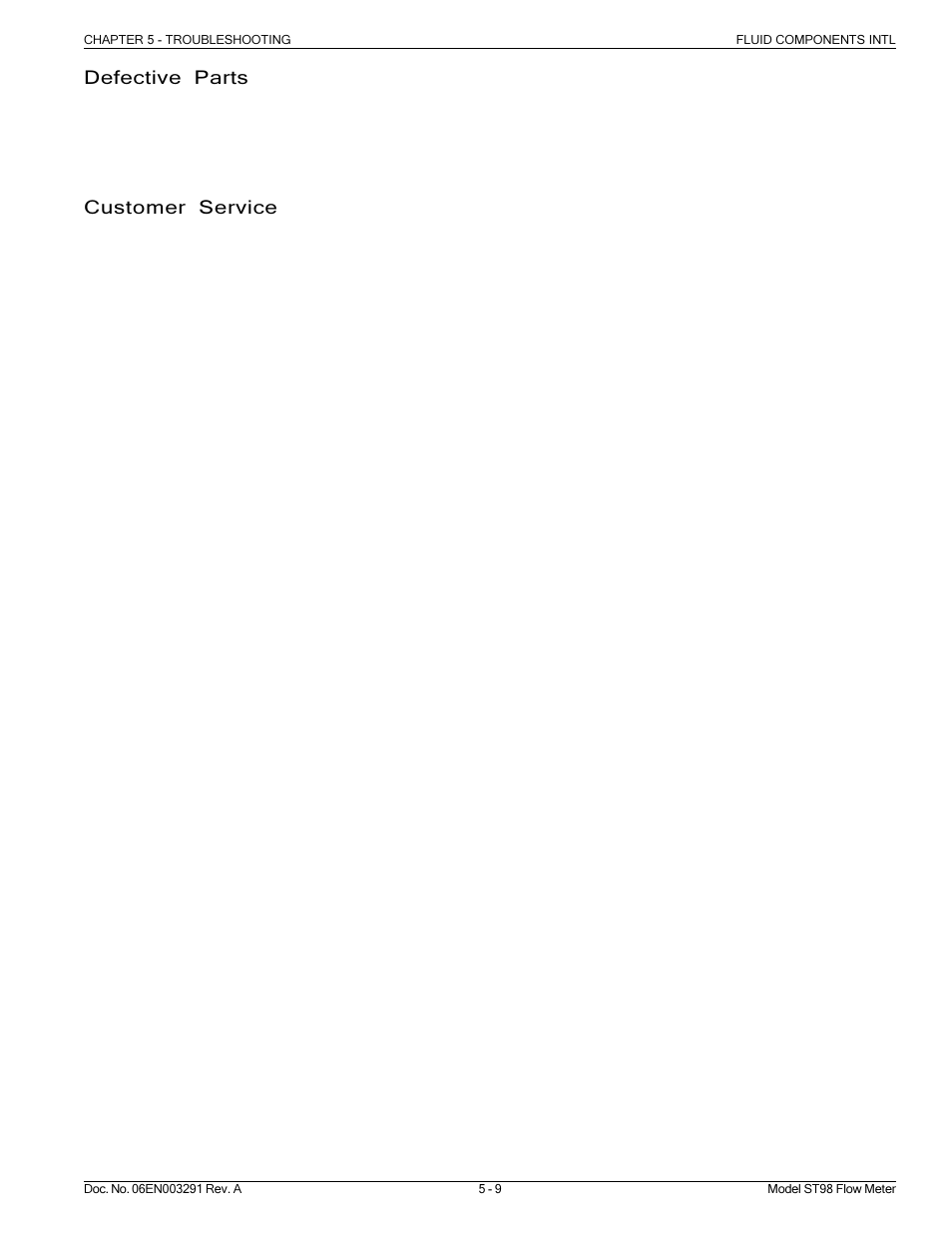 Defective parts, Customer service | Fluid Components International ST98 Manual Troubleshooting User Manual | Page 9 / 10